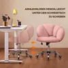 A pink office chair is shown next to a white desk, with arrows indicating it can be easily pushed under the desk. Produktbild-Vorschau