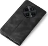 A black flip case for a smartphone is shown from a diagonal top-down perspective on a white background. Produktbild-Vorschau
