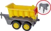 A toy trailer with a yellow dump bed and gray chassis, shown on a white background. A small gray accessory is shown in a red circle in the upper right corner. Náhled obrázku produktu