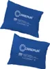 Two blue pillows with white text and logos are shown against a white background. Produktbild-Vorschau