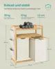 A product image showing a bamboo laundry basket with two compartments and side pockets, along with dimensions and weight capacity information. Produktbild-Vorschau