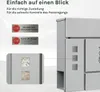A close-up marketing image of a gray mailbox with informational text and stickers. Produktbild-Vorschau