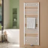 A white towel radiator in a modern bathroom setting. Produktbild-Vorschau