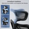 Close-up view of an office chair's adjustable headrest with diagrams illustrating its features. Produktbild-Vorschau