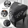 A dark gray ottoman with a white leaf pattern, shown with close-ups highlighting fabric texture, stretchability, and intricate design. Text in German describes the features. Produktbild-Vorschau