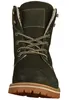 A close-up, front-facing view of a dark green leather boot with white fur lining and brown laces. Voir les images du produit