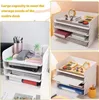 A collage of images showing a white multi-tiered desk organizer with various office supplies. Produktbild-Vorschau