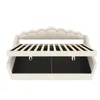 A beige upholstered bed frame with a slatted mattress support is shown from a top-down perspective, against a white background. Náhled obrázku produktu