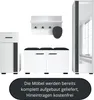 A set of white furniture for an entryway, including a tall cabinet with a mirror, a shoe cabinet with a bench, and a wall-mounted shelf with hooks. Produktbild-Vorschau