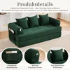 A green sofa with pillows and side pockets, shown with close-up details of the pockets and pillows. Produktbild-Vorschau