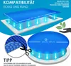 Diagram showing the compatibility and dimensions of a pool solar cover for both rectangular and round pools, with a tip on how to cut it to size. Produktbild-Vorschau
