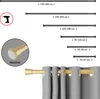 Diagram showing different sizes of shower curtain rods and a close-up of a rust-free end cap, along with an example of a rod installed with a curtain. Podgląd zdjęcia produktu