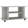 A concrete gray TV stand with two shelves and wheels, shown against a white background. Náhľad obrázku produktu