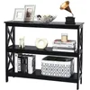 A black console table with three shelves, decorated with various items. Podgląd zdjęcia produktu