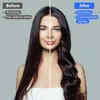 A split image showing a woman's hair before and after using a styling product. Produktbild-Vorschau