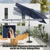 A dark blue patio umbrella is shown in an outdoor setting with chairs and plants. Podgląd zdjęcia produktu
