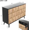 A 3D rendering of a black and wood dresser with six drawers, showing dimensions. Produktbild-Vorschau