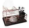 A copper and black two-tier dish drying rack with a black tray, holding plates, a bowl, and cutlery. Anteprima dell’immagine prodotto