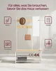 A hallway stand with a mirror, hooks, and shoe storage, with labels pointing out its features. Náhľad obrázku produktu