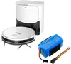 A white robot vacuum cleaner with a charging station and a blue battery pack are displayed against a white background. Náhled obrázku produktu
