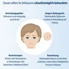 Illustration of a child's face with dellwarzen (molluscum contagiosum) and accompanying text explaining why prompt treatment is important. Náhľad obrázku produktu