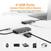 A laptop connected to a USB-C hub, with various devices plugged into it, and icons representing other compatible devices at the bottom. Produktbild-Vorschau