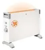 A white electric heater with an orange fan logo on a white background. Produktbild-Vorschau