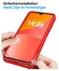 Hands are shown assembling a red phone case around a smartphone. Produktbild-Vorschau