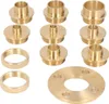 A collection of brass router template bushing adapters and a flange, arranged on a white background. Produktbild-Vorschau