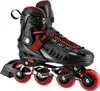 A black and red inline skate is shown against a white background. Voir les images du produit