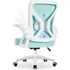 Rear view of a mint green and white ergonomic office chair with adjustable armrests and lumbar support. Produktbild-Vorschau