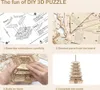 A collage of four images showing the steps to assemble a 3D wooden puzzle of a pagoda. Voir les images du produit