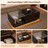 Collage of a modern black LED coffee table with glass top, shown in a living room setting and in detail. Produktbild-Vorschau