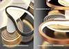 A split image showing two different versions of a modern LED ceiling lamp with illuminated acrylic elements and metal frames in black and rosagold finishes. Podgląd zdjęcia produktu