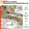A glass coffee table is shown in a living room setting with a sofa and rug. There are also text overlays highlighting product features. Voir les images du produit