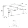 A line drawing diagram of a TV stand with dimensions and measurements labeled. Voir les images du produit