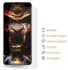 A screen protector is shown on a phone with a graphic design, next to a list of features. Produktbild-Vorschau