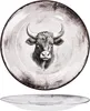 A close-up view of a dinner plate with a bull's head illustration, and a side view of the same plate. Voir les images du produit