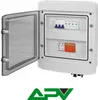 A white electrical enclosure with a transparent door open, revealing circuit breakers and surge protectors inside. A logo is visible at the bottom. Náhled obrázku produktu