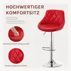 A red bar stool is shown with text and close-up images highlighting its features. Produktbild-Vorschau