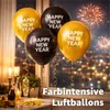 Balloons with 'Happy New Year' text are displayed in front of a city skyline at night with fireworks. Anteprima dell’immagine prodotto