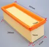 A rectangular air filter with an orange frame and yellow pleated filter material, with dimensions labeled. Produktbild-Vorschau