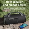 A black portable speaker is shown outdoors, connected to a smartphone. The background is blurred green grass and gray rocks. Produktbild-Vorschau