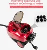 A red steam cleaner with its lid open, showing accessories inside and a set of accessories in a circular inset. The product is shown on a white background with marketing text. Produktbild-Vorschau