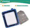 A close-up view of a vacuum cleaner filter and a separate filter pad, with text indicating they are washable and reusable. Produktbild-Vorschau
