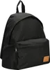 A black backpack with a brown leather patch on the front. Produktbild-Vorschau