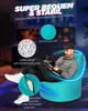 A man is sitting on a turquoise beanbag chair in a dimly lit room with neon blue accents. Produktbild-Vorschau