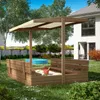 A wooden sandbox with a canopy in a backyard setting, with a small inflatable pool in the background. Podgląd zdjęcia produktu