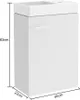 A white bathroom vanity with a sink on top, shown with dimensions indicated by measurement lines and text. Produktbild-Vorschau