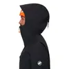 Mammut Haldigrat HS Hooded Jacket für Herren; schwarze Hardshelljacke mit Kapuze; seitliche Ansicht eines Mannes mit orangefarbener Mütze. Produktbild-Vorschau